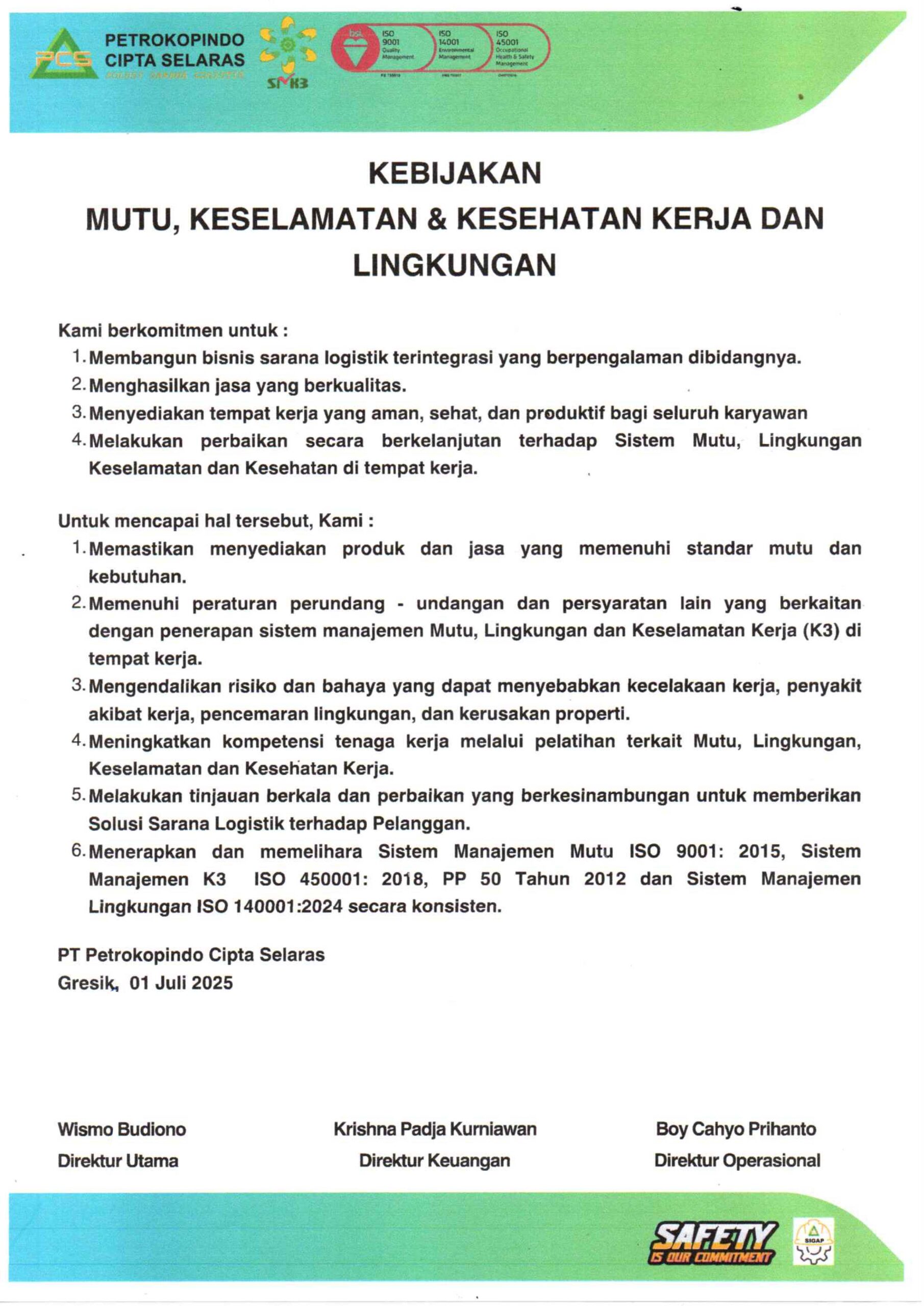 kebijakan mutu keselamatan kesehatan kerja lingkungan petrokopindo